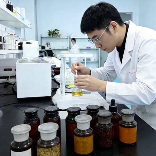 Scientific researcher in lab coat conducting New Technology experiment for aroma diffuser supplier AromaProx, leading manufacturer of smart scent machines