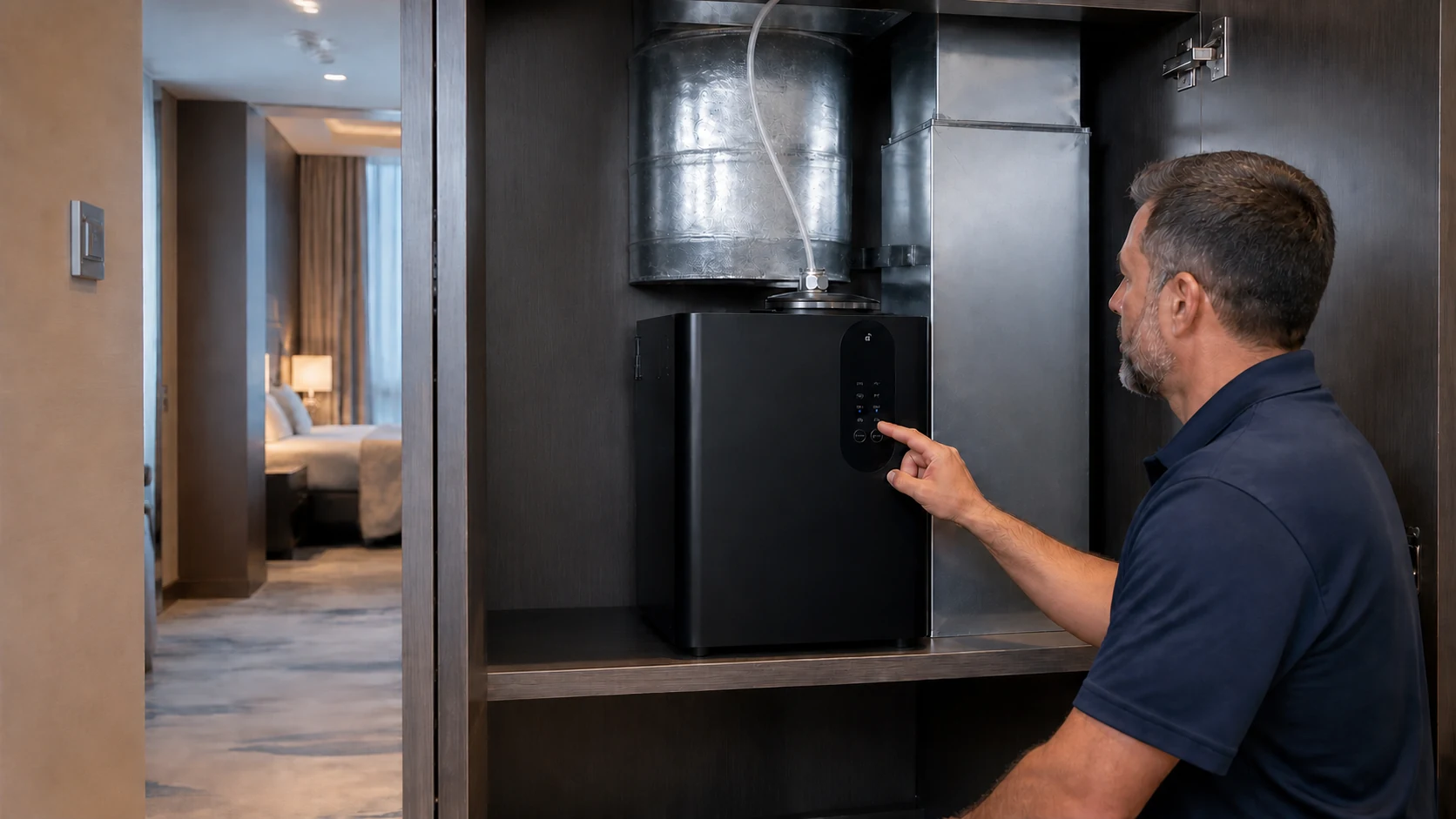HC1000 commercial scent machine connected from its top outlet to a hotel HVAC system