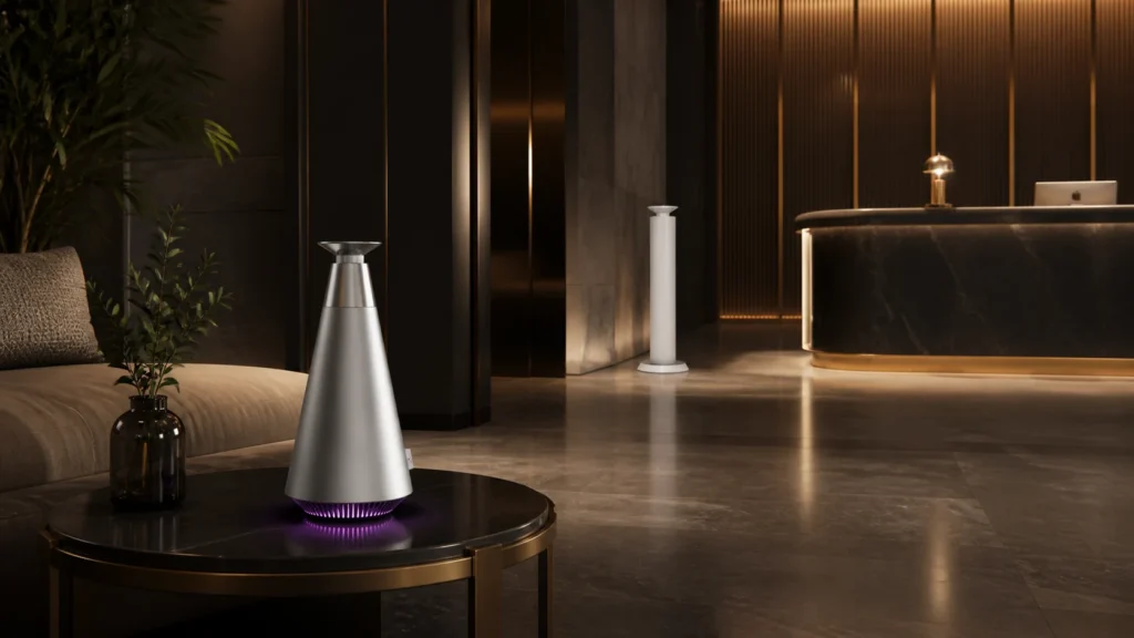 Commercial scent diffuser selection with DecoPlus and MiniPro in a hotel lobby