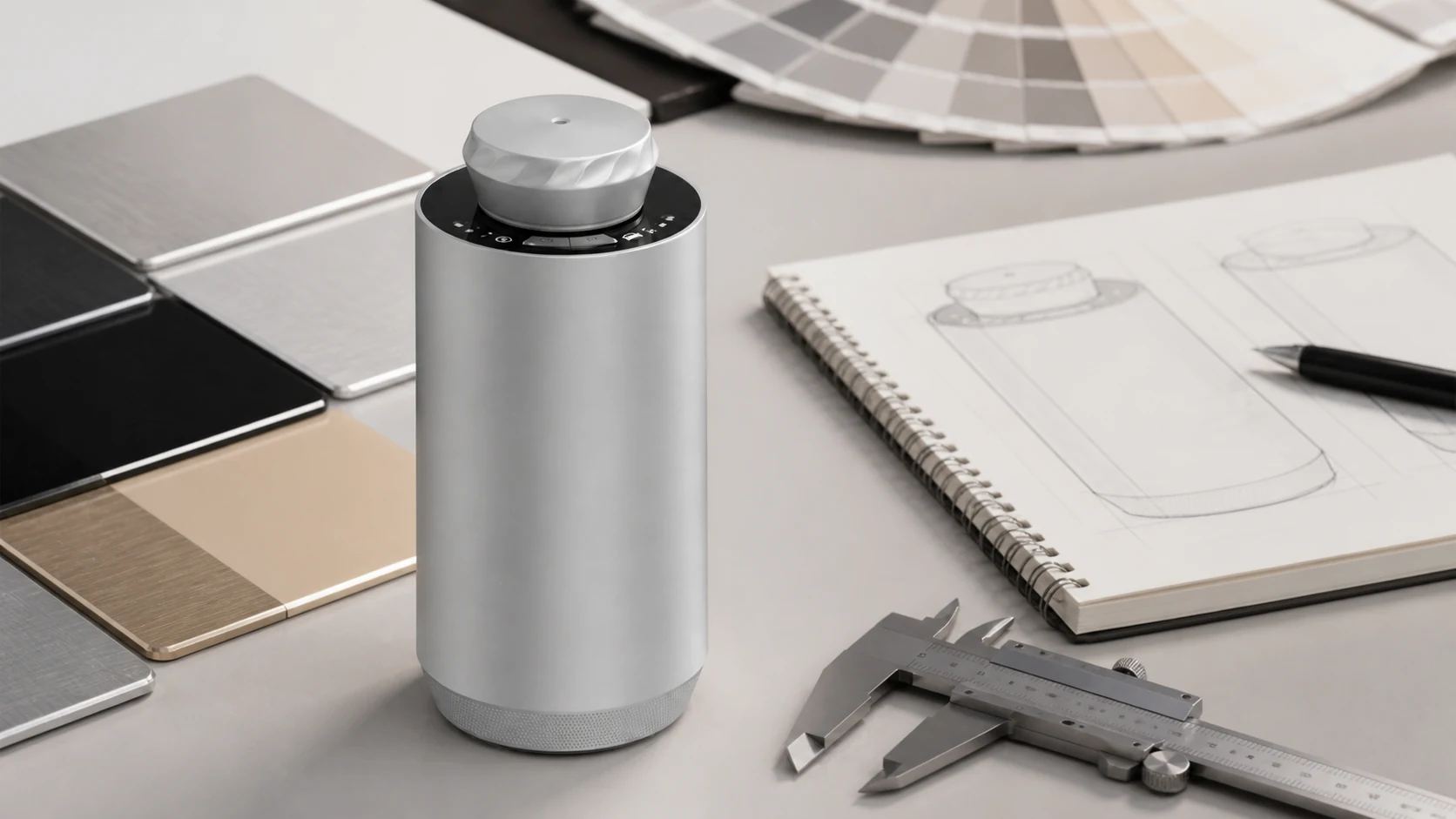 SC02 aroma diffuser with materials and finish samples for customization