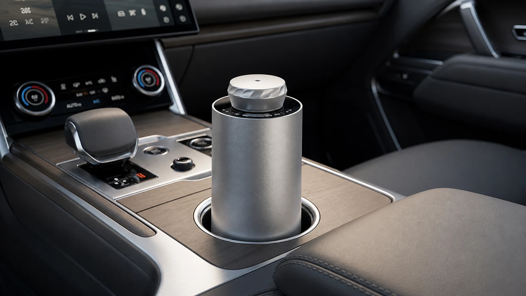 Silver SC02 car aroma diffuser placed in a vehicle cup holder