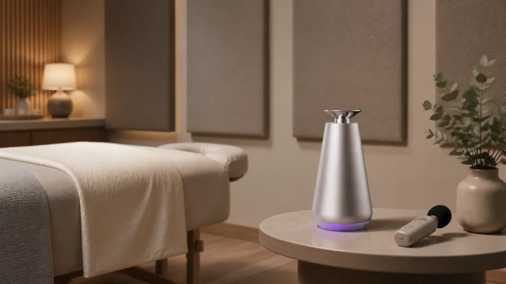 DecoPro in a quiet wellness room for diffuser noise evaluation
