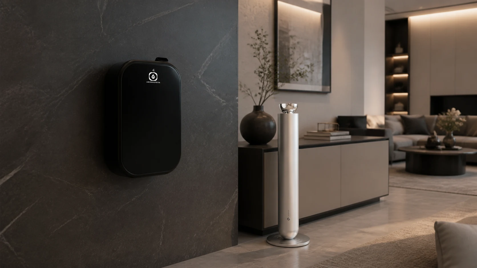 Pure black SP01 wall-mounted and SF03 floor-standing scent diffusers in a home