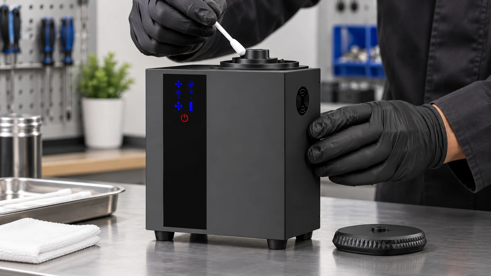 Techniker reinigt den Zerstäuber des A300 Duftdiffusors mit einem fusselfreien Wattestäbchen