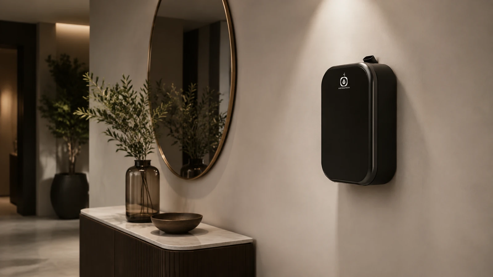 SP01 wall-mounted scent diffuser in a boutique reception corridor