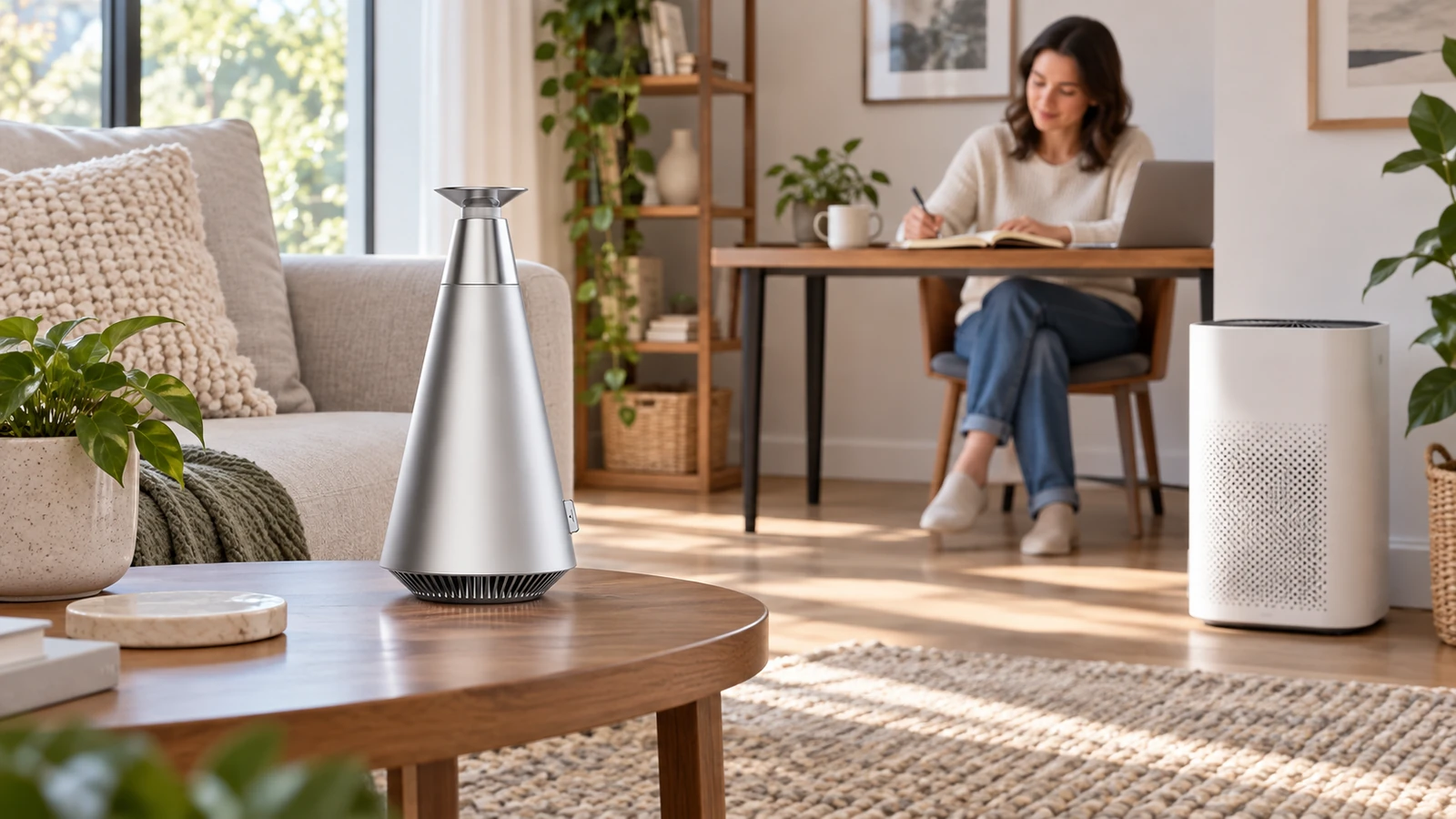 Living-room observation scene with DecoPlus and a separate air purifier