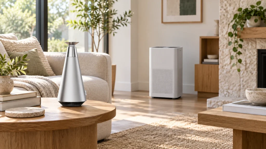 Silver DecoPlus on a living-room table with a separate air purifier