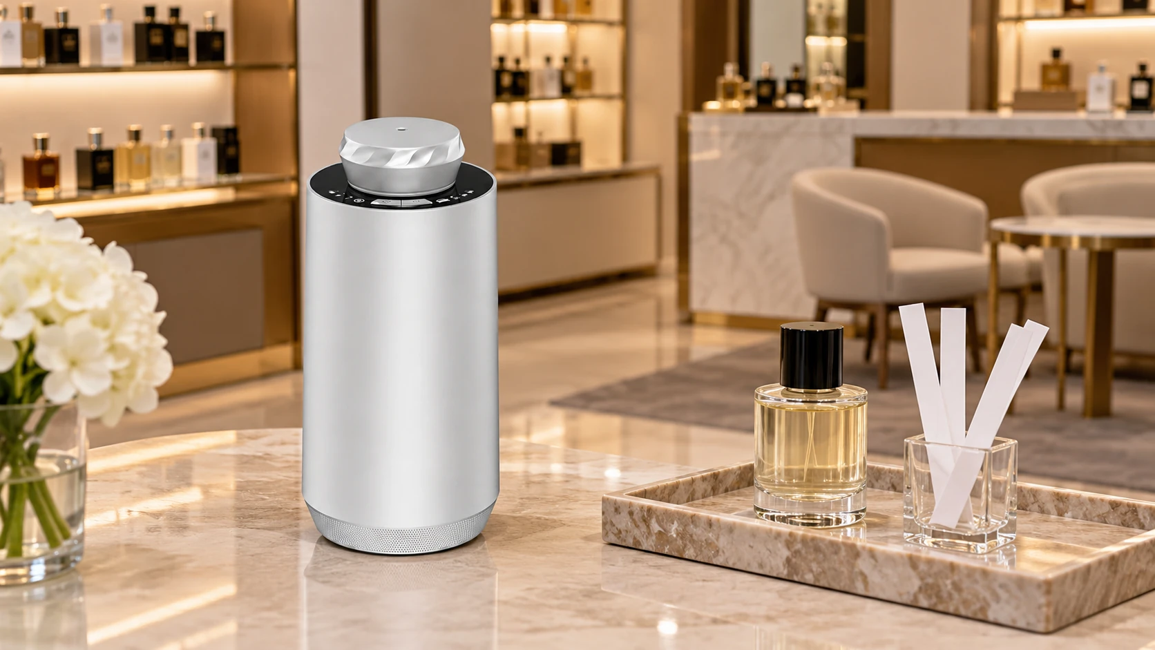 Silver SC02 beside a closed fragrance sample on a retail review table
