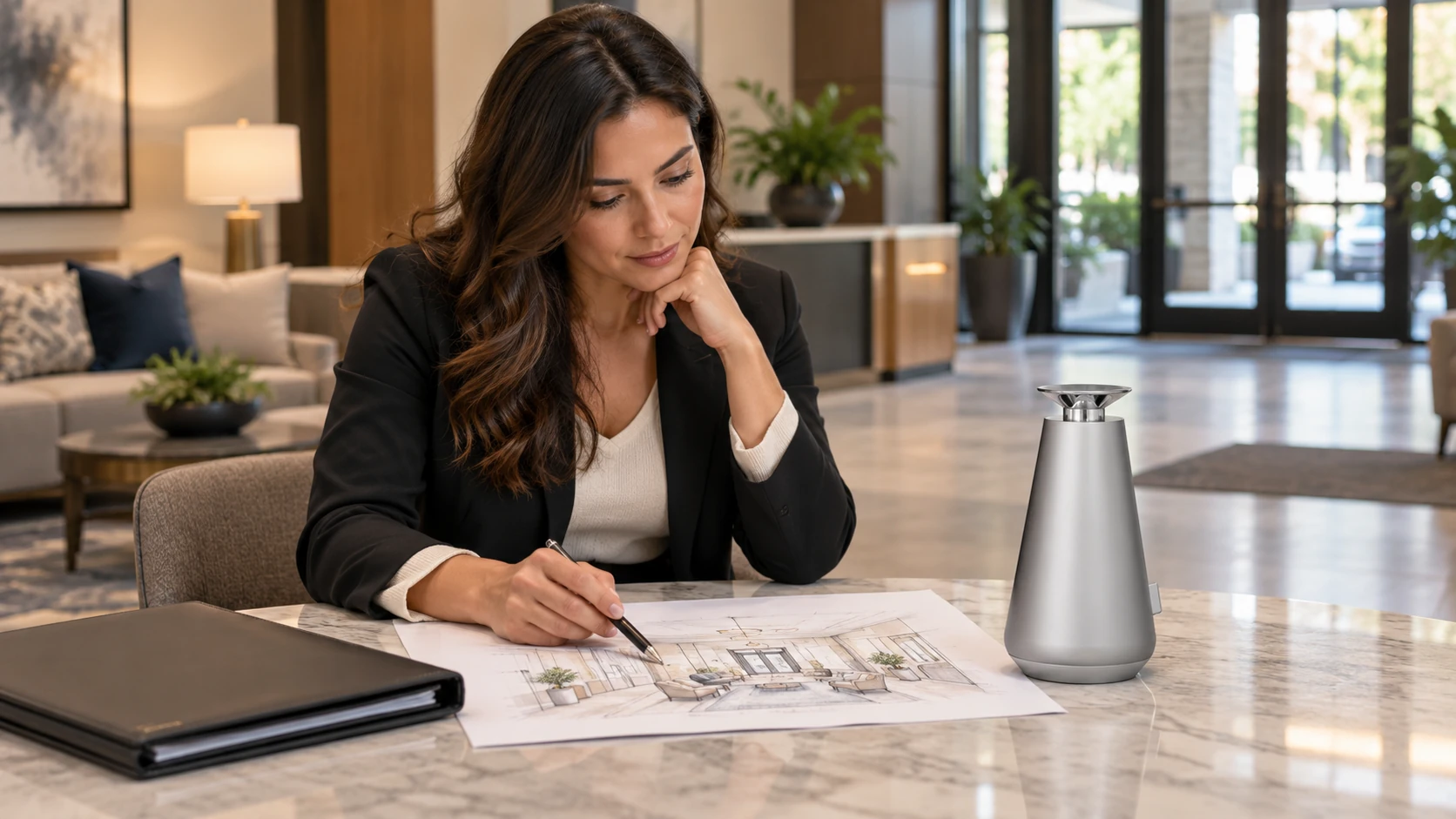 Silver DecoPro beside an apartment lobby planning sketch and folder