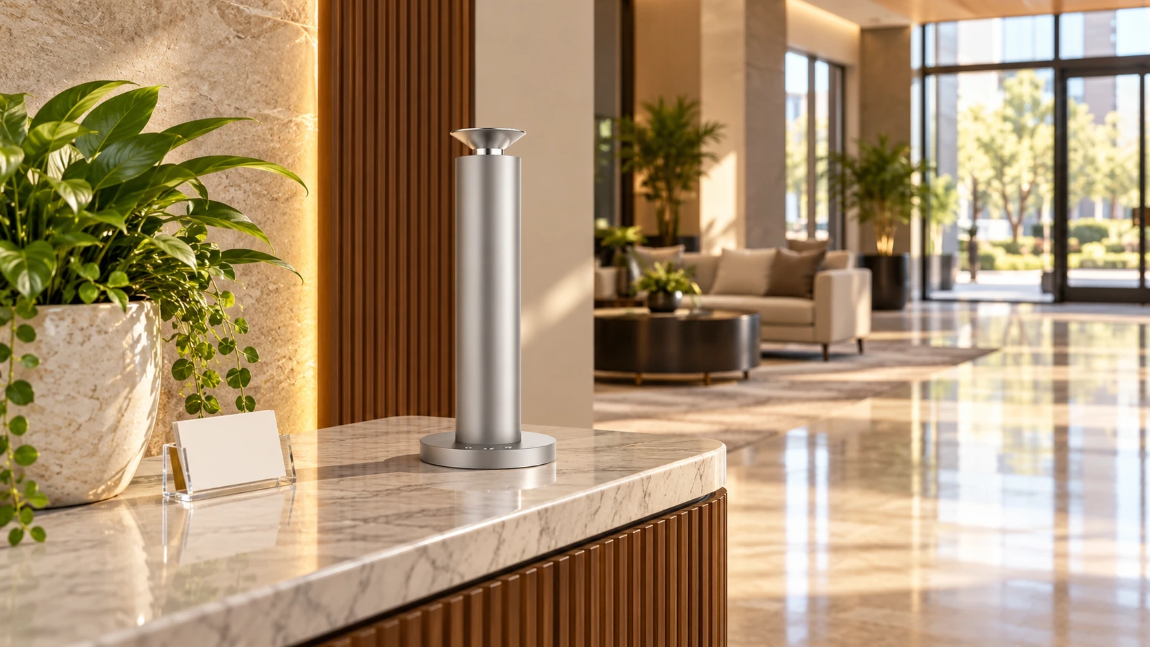 Silver Mini on a residential reception console beside blank feedback cards