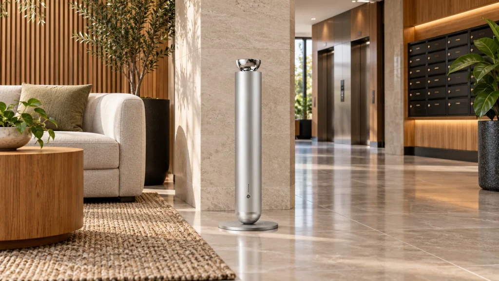 Silver SF03 in an apartment lobby seating alcove with clear circulation