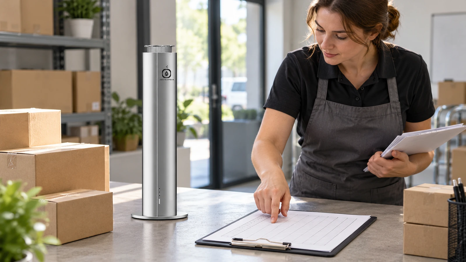 H200D beside a worker reviewing a receiving record