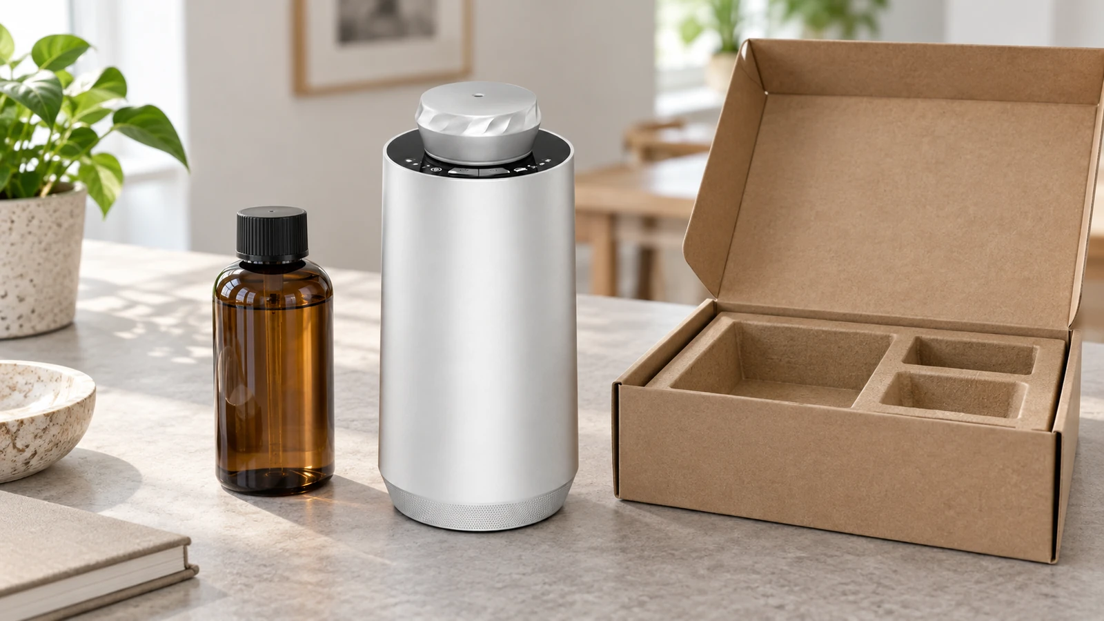 Silver SC02 beside a sealed bottle and empty packaging compartments