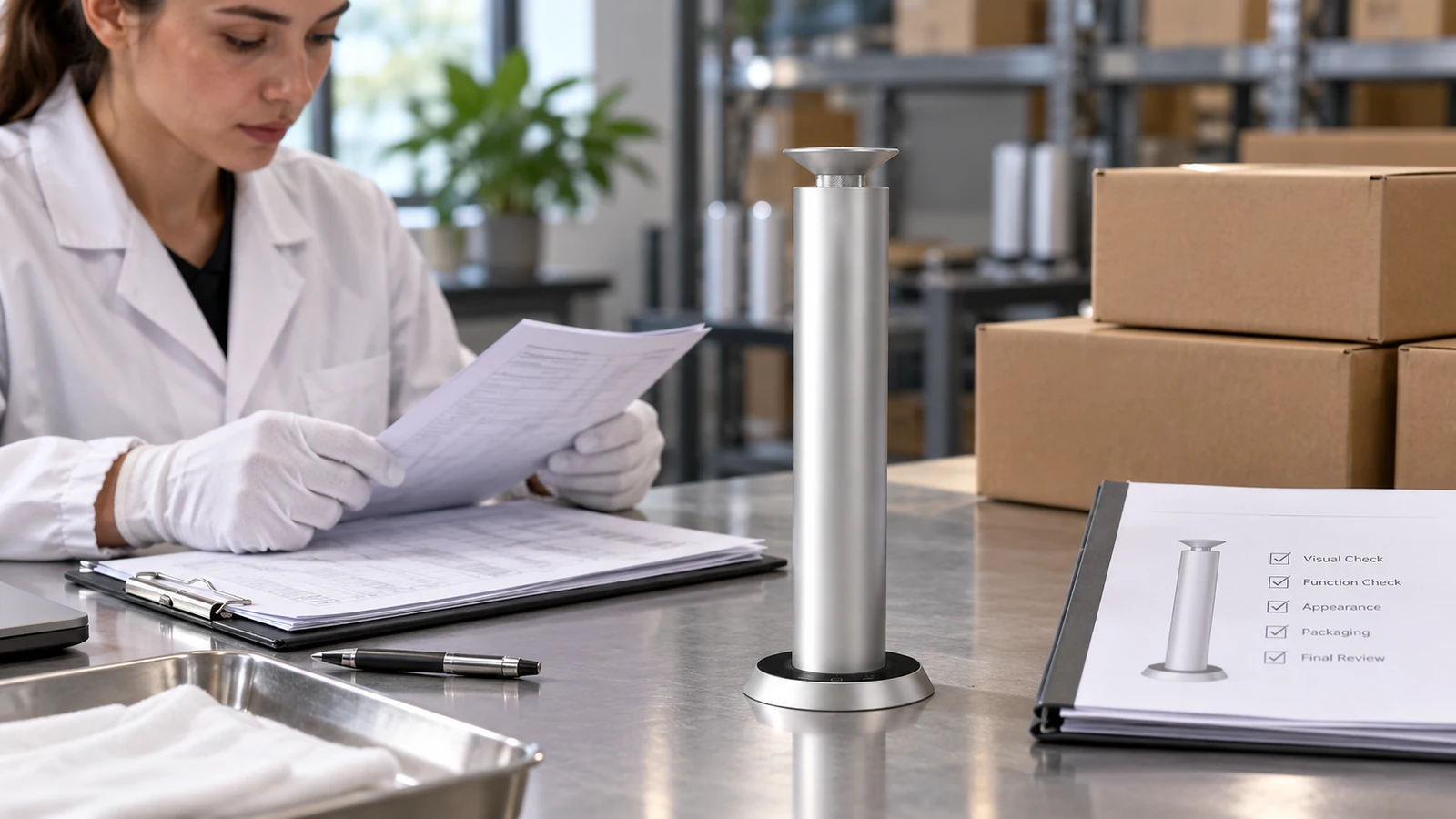 Inspector reviewing a lot release report beside a MiniPro diffuser