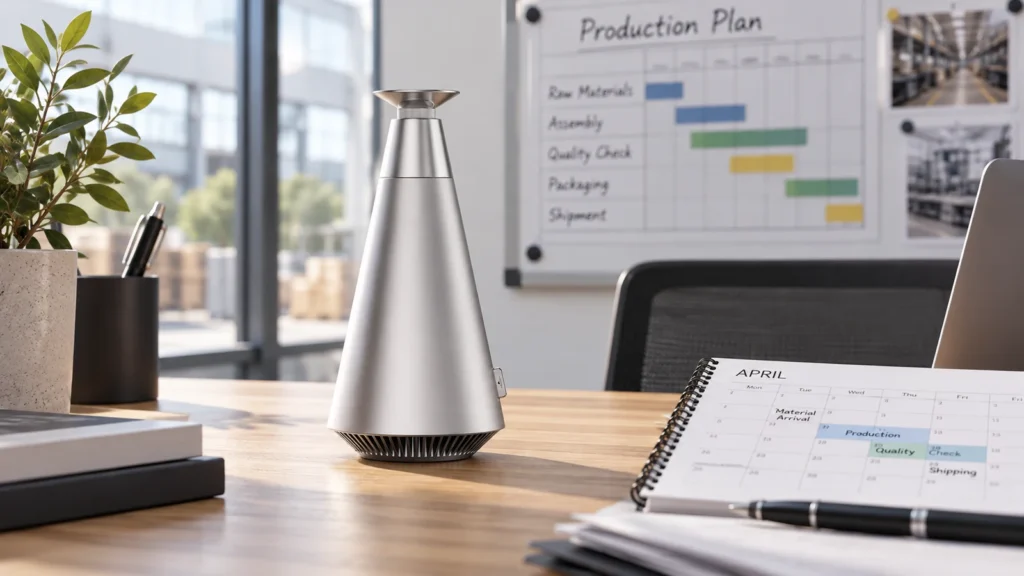 Silver DecoPlus diffuser beside a production milestone planning desk