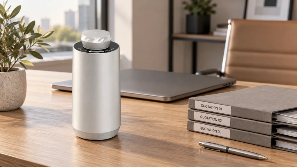 Silver SC02 diffuser beside quotation folders on a procurement desk