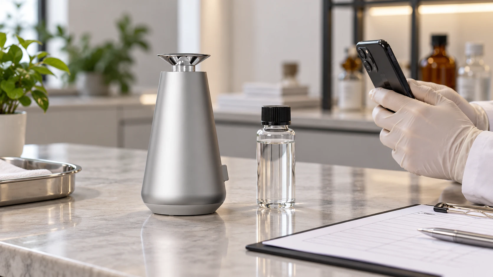 Silver DecoPro beside a closed sample bottle and an unmarked inspection record