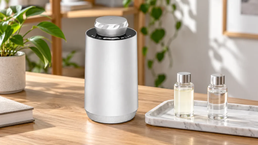 Silver SC02 beside sealed fragrance containers on a product-review tray