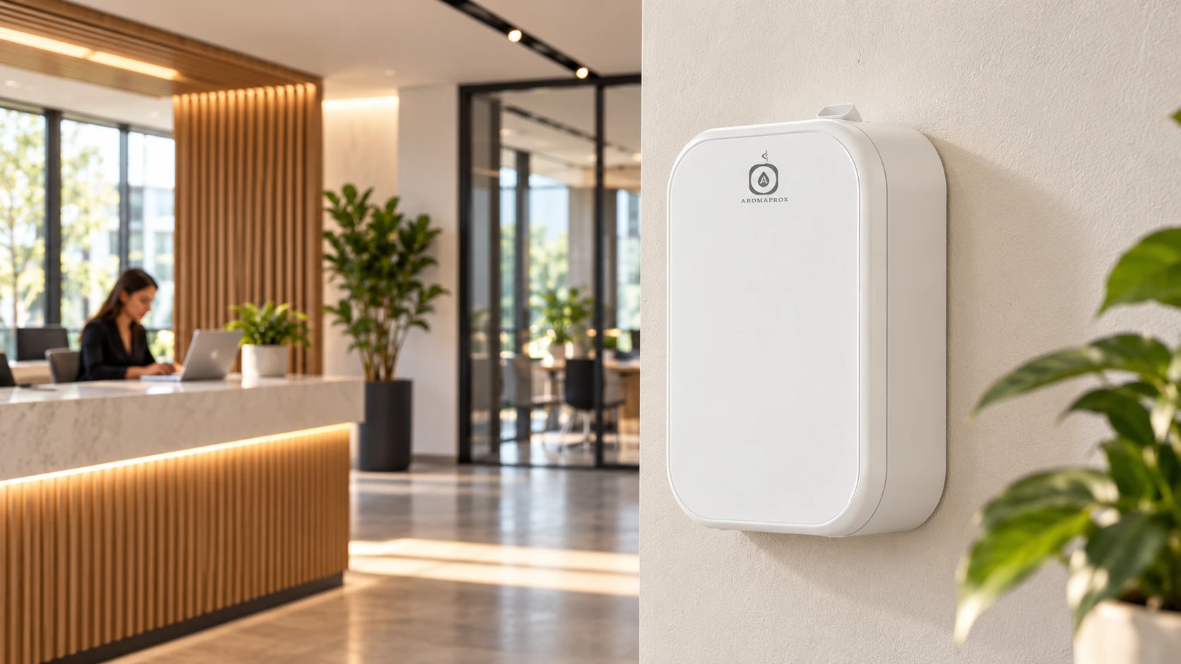 Pure-white SP01 in a coworking reception alcove