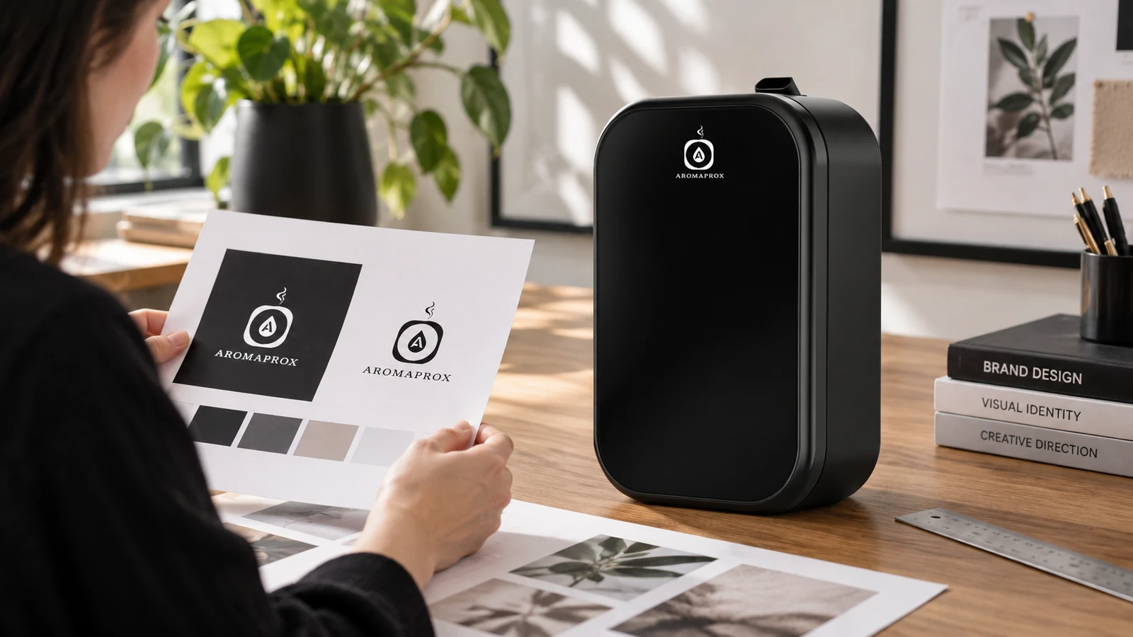 Pure-black SP01 beside a designer reviewing separate logo artwork