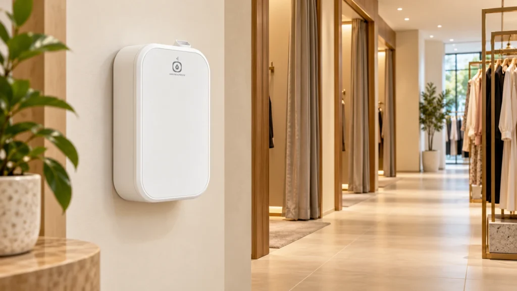 Pure-white SP01 in the outer area of a boutique fitting-room corridor