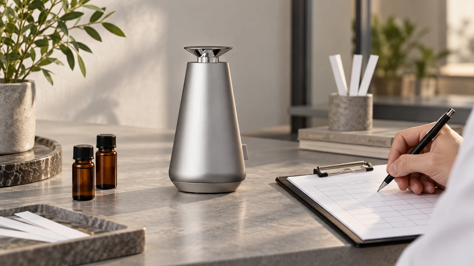 Evaluator recording fragrance-batch observations beside DecoPro