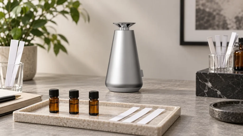 DecoPro behind sealed fragrance samples and separate blotter strips