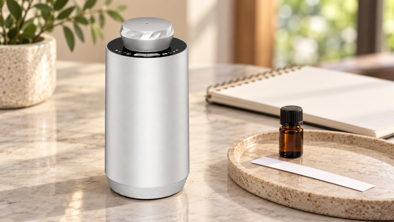 Silver SC02 beside a capped fragrance sample and a paper scent strip