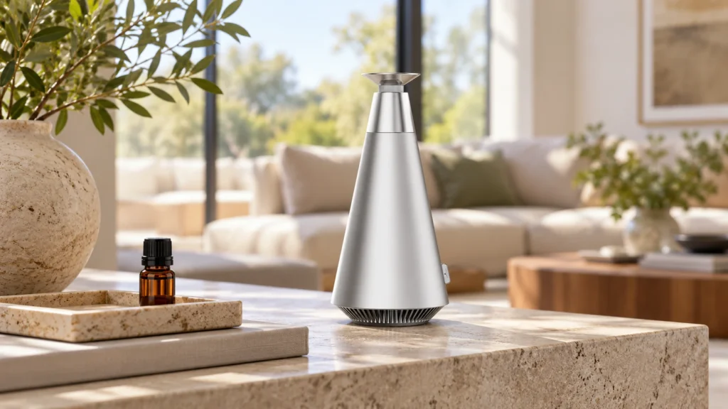 Silver DecoPlus with a capped amber sample bottle in an airy living room