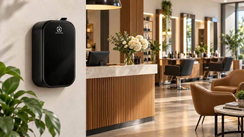 Pure-black SP01 on a hair salon reception wall away from treatment stations