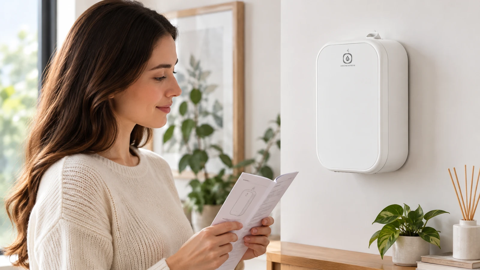 Pure-white SP01 wall-mounted while a user reviews an operating guide