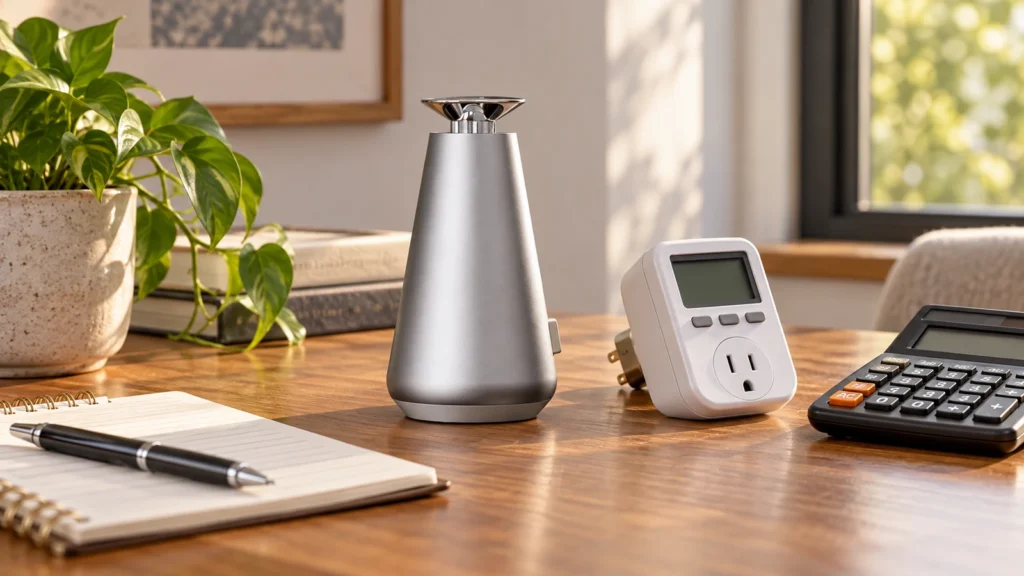 Silver DecoPro beside an unplugged energy meter and calculator