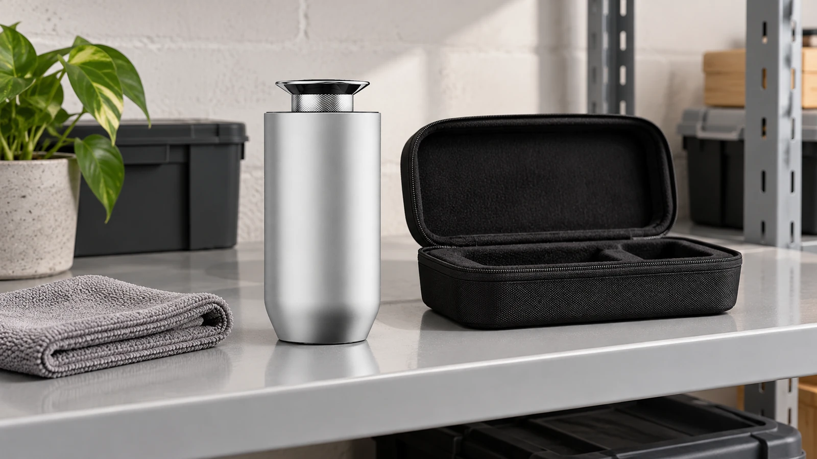 Silver CarPro beside a protective case and dry cloth