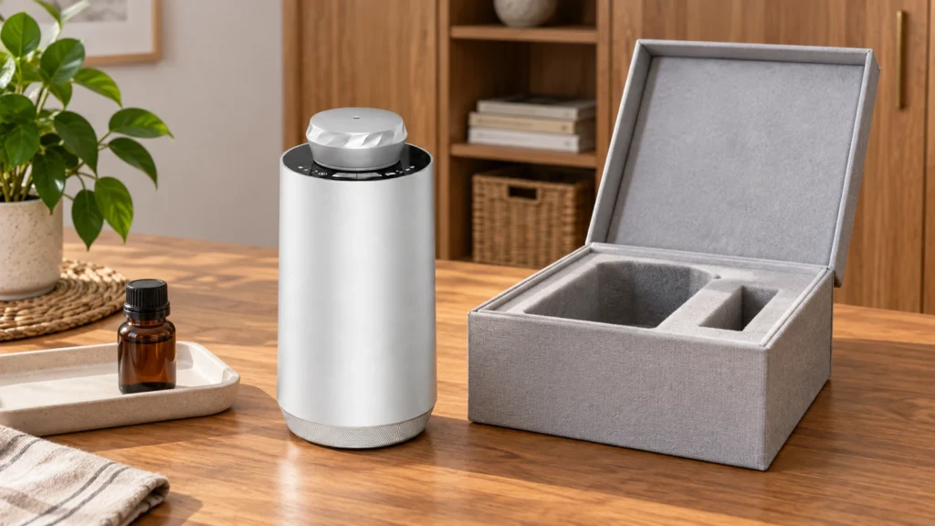 Silver SC02 beside a padded storage box and sealed fragrance bottle