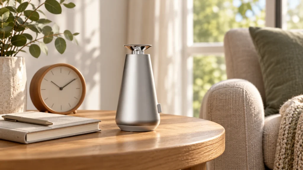 Silver DecoPro beside a clock and notebook in a daylight living room