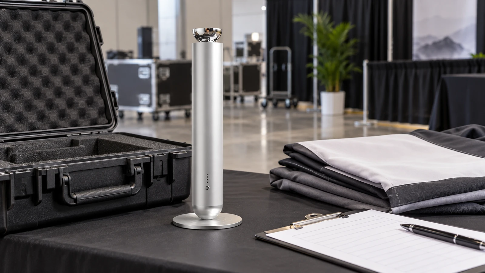 Silver SF03 beside a protective case during event pack-down