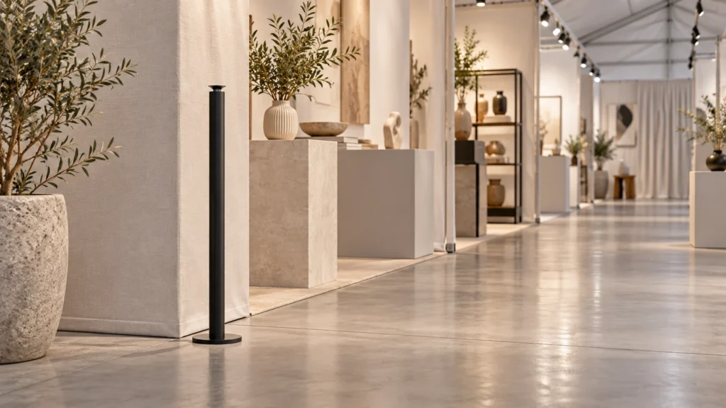 Black MiniPlus beside a clear walkway in a temporary exhibition