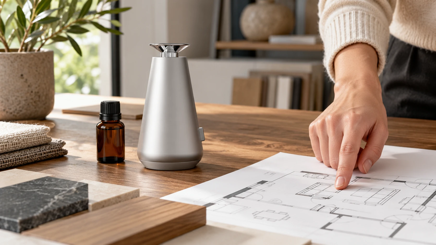 Silver DecoPro beside a closed fragrance sample and a room planning sketch