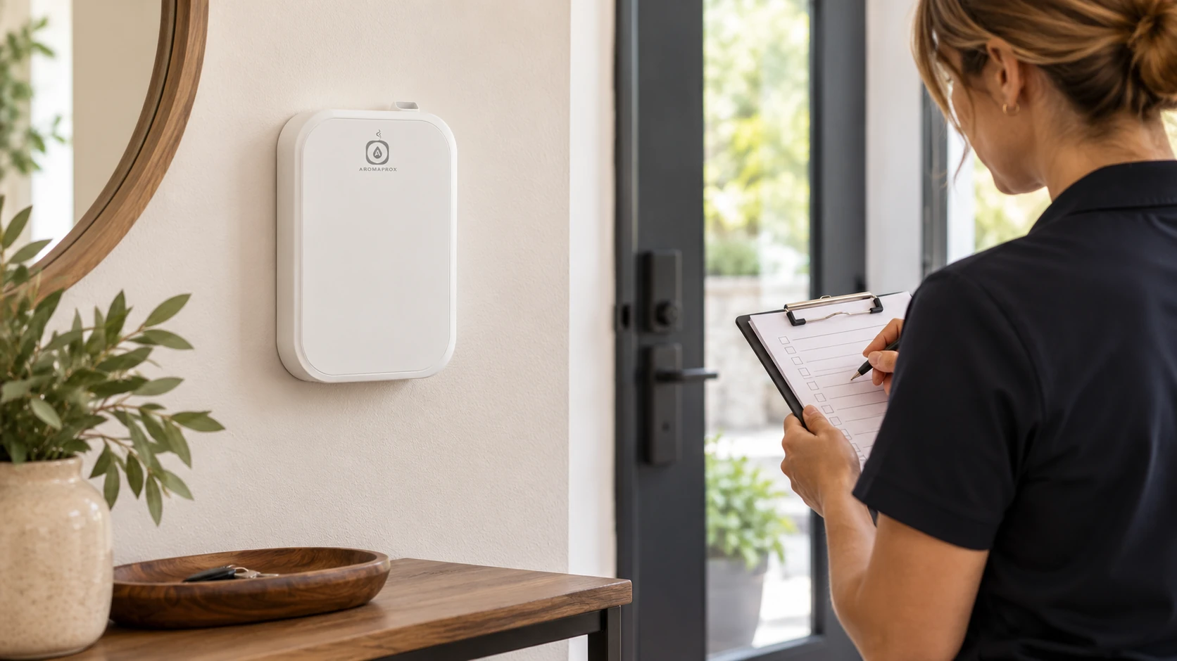 Pure-white SP01 in a rental entry while a host reviews turnover notes