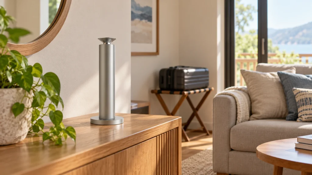 Silver Mini on a console in a vacation rental sitting room